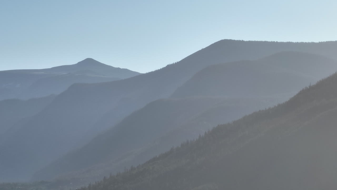 Telephoto drone shot of the Rocky Mountains in Grand Lake, Colorado at sunrise