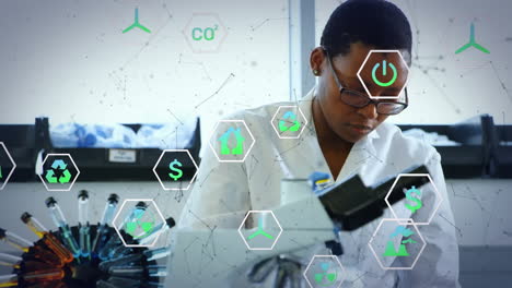 animación de formas e iconos de ecología sobre una científica afroamericana en el laboratorio