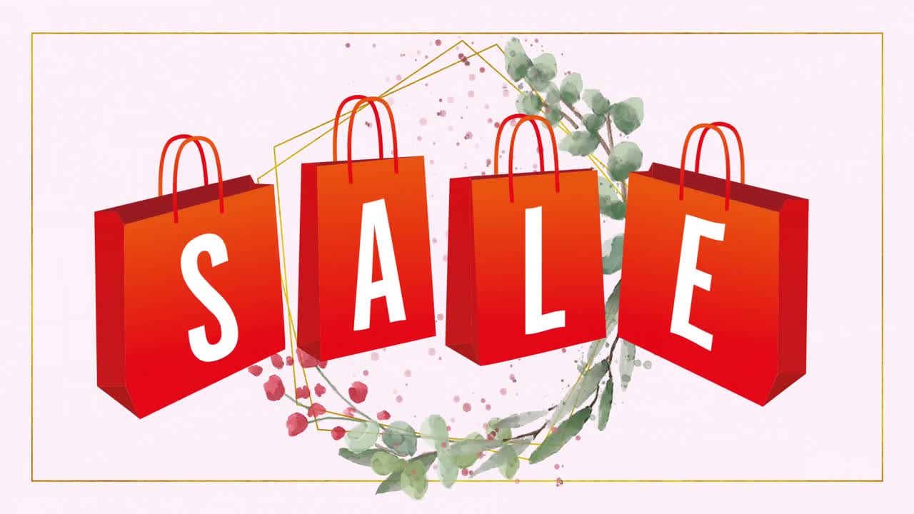 빨간색 쇼핑백과 분홍색 배경에 꽃 무 ⁇ 에 판매 텍스트의 애니메이션