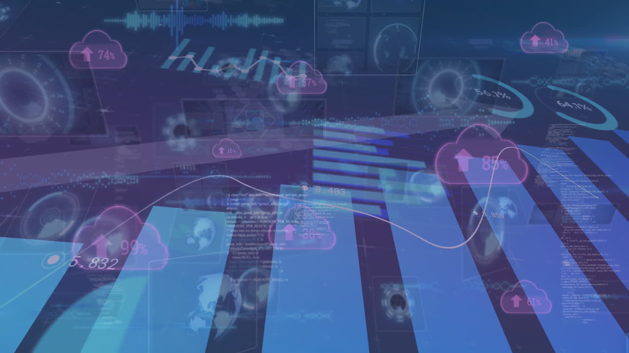 Animation of scopes scanning and data processing over digital clouds with arrows and percent growing