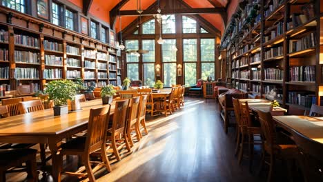 cozy library with wood furniture and sunlight through tall windows