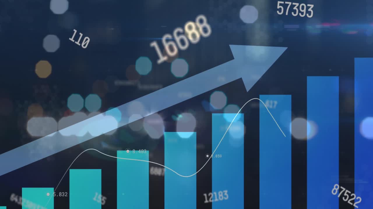 Animazione di elaborazione di dati finanziari con freccia su luci stradali cittadine sfocate