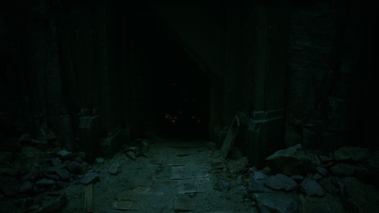 Exploring a dark passageway surrounded by ancient stone and debris