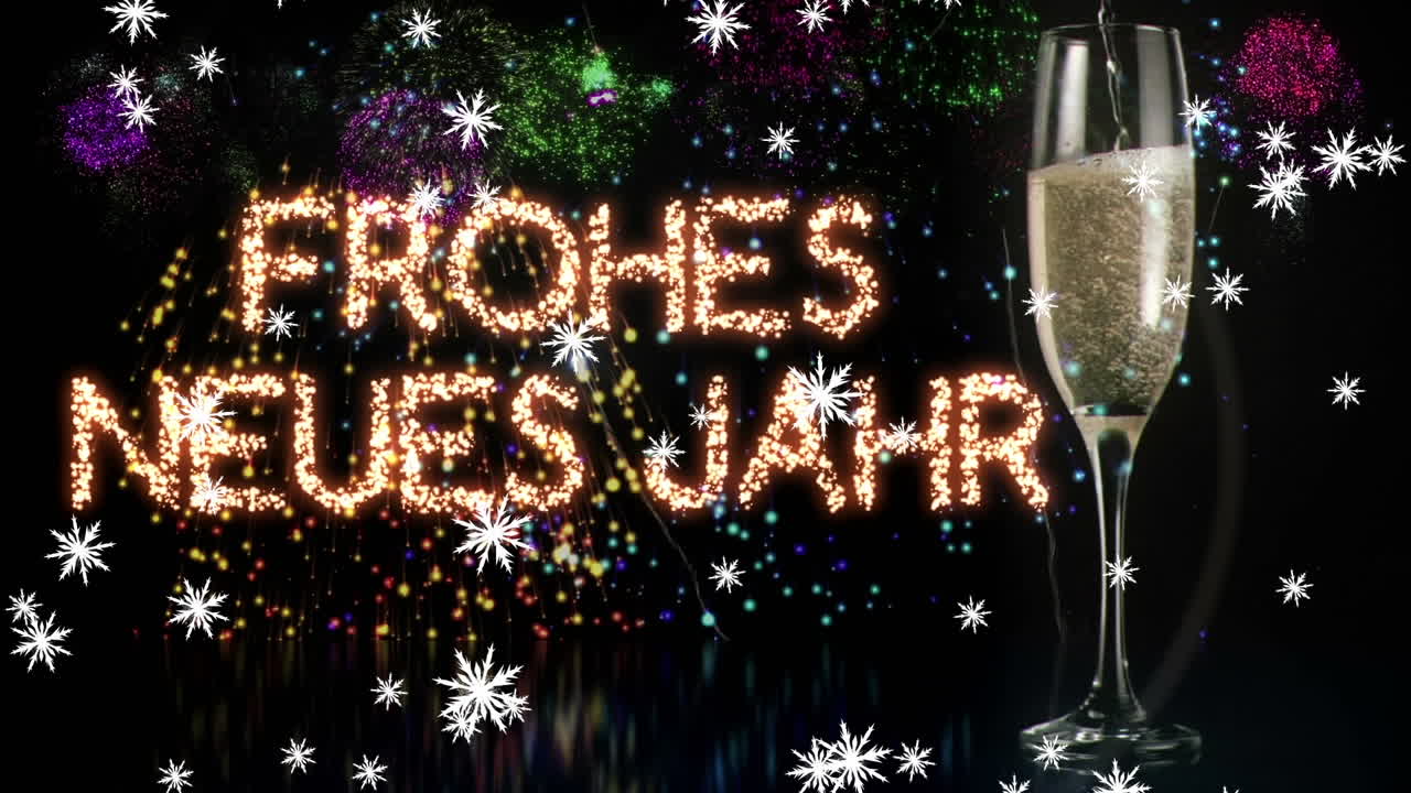 copos de nieve cayendo sobre frohes neues jahr texto y copa de champán contra fuegos artificiales explotando