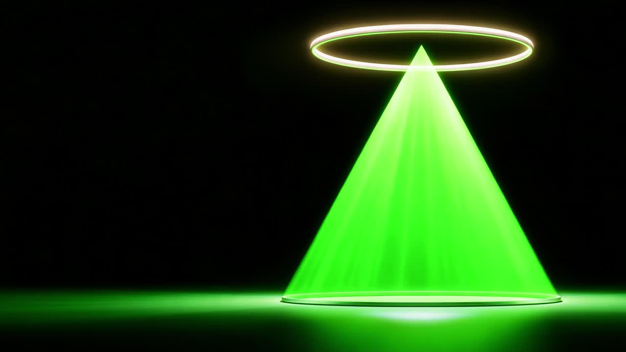 A mesmerizing visual representation of green light emanating from a circular halo, creating a vivid conical beam in a dark backdrop, evoking a sense of intrigue and mystique