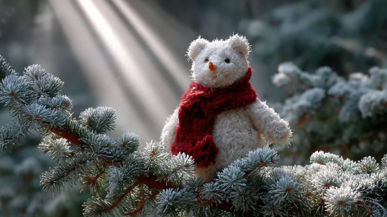 A Charming Snowman Figurine Adorned with a Cozy Red Scarf, Perched Among Frosty Green Pine Branches Under Soft, Glimmering Sunlight in a Winter Wonderland