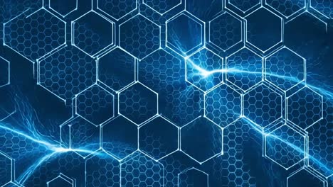 abstract representation of interconnected hexagonal patterns with electric blue streaks against a dark background, illustrating a dynamic digital theme in a modern design