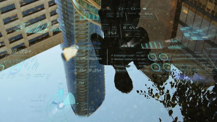 Animation of financial data processing over man and cityscape