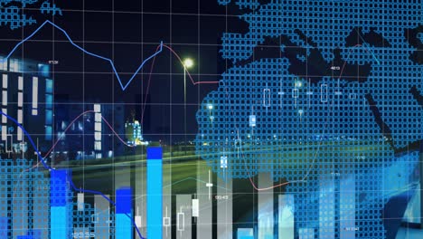 animación del procesamiento de datos en diversos servidores informáticos y de datos financieros