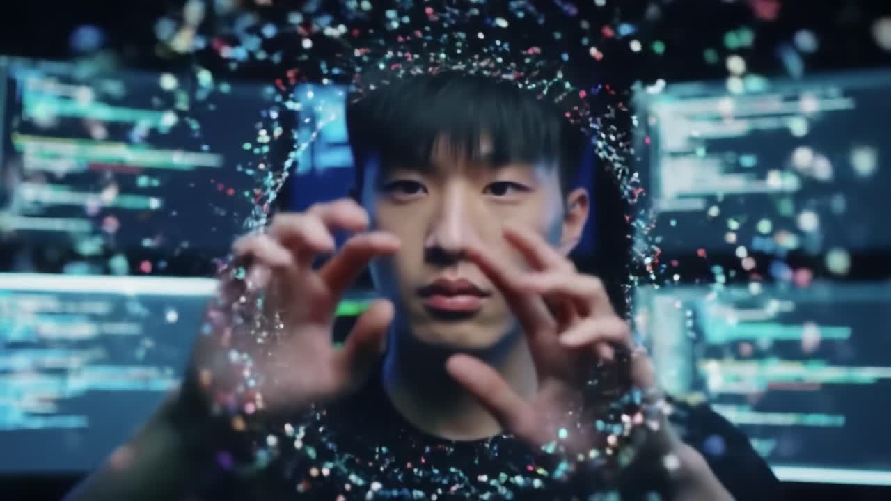 A Tech Enthusiast Manipulating Digital Particles: Exploring the Future of Programming and Data Visualization in a Captivating Sci-Fi Setting