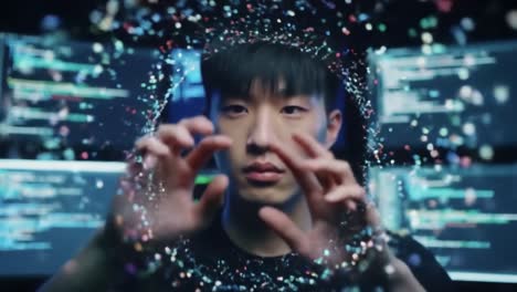 a tech enthusiast manipulating digital particles: exploring the future of programming and data visualization in a captivating sci-fi setting