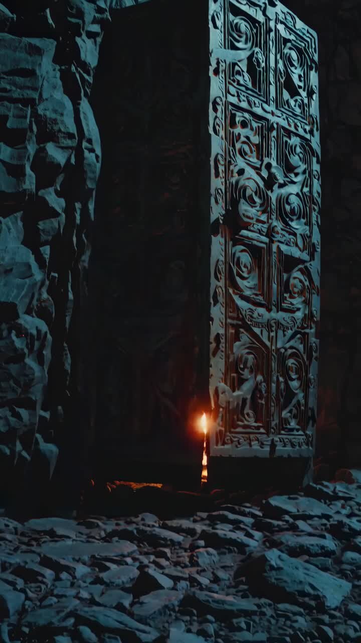 Un'antica e misteriosa porta con intagli intricati, illuminata fiocamente da una torcia