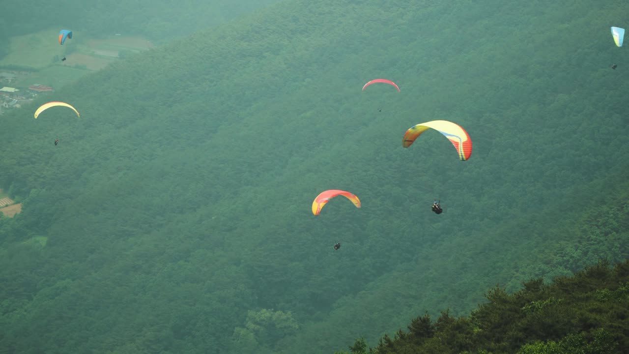 grupo de parapentes volando en el aire sobre fondo de montañas verdes