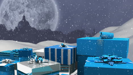 snow falling and christmas presents