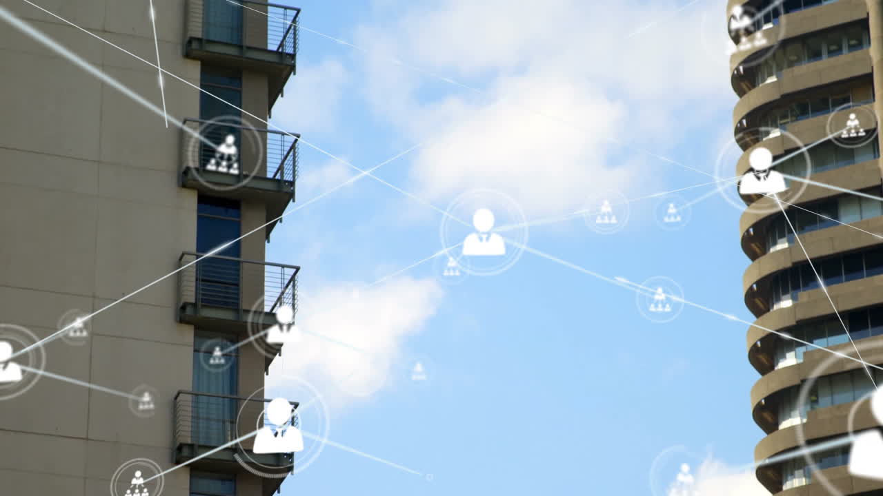 Network of connections and data processing animation over high-rise building and sky