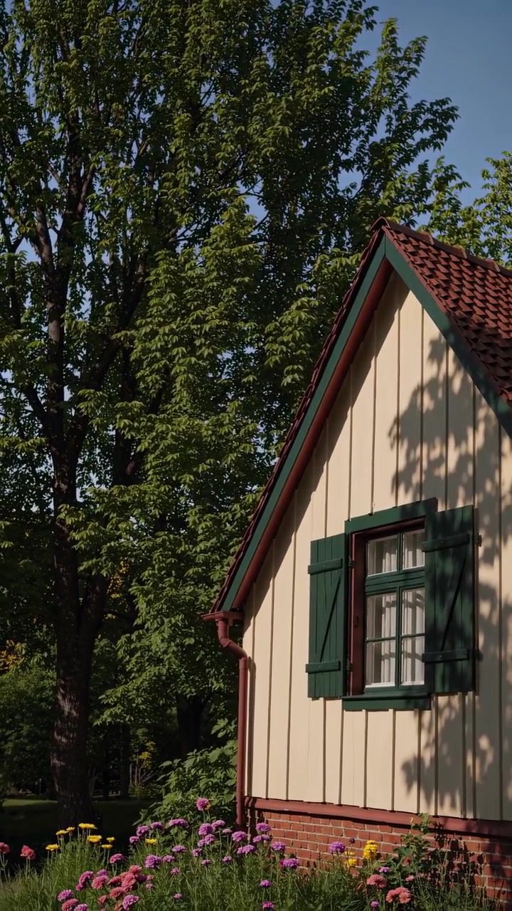 Charmerende sommerhus med grønne skodder og haveblomster