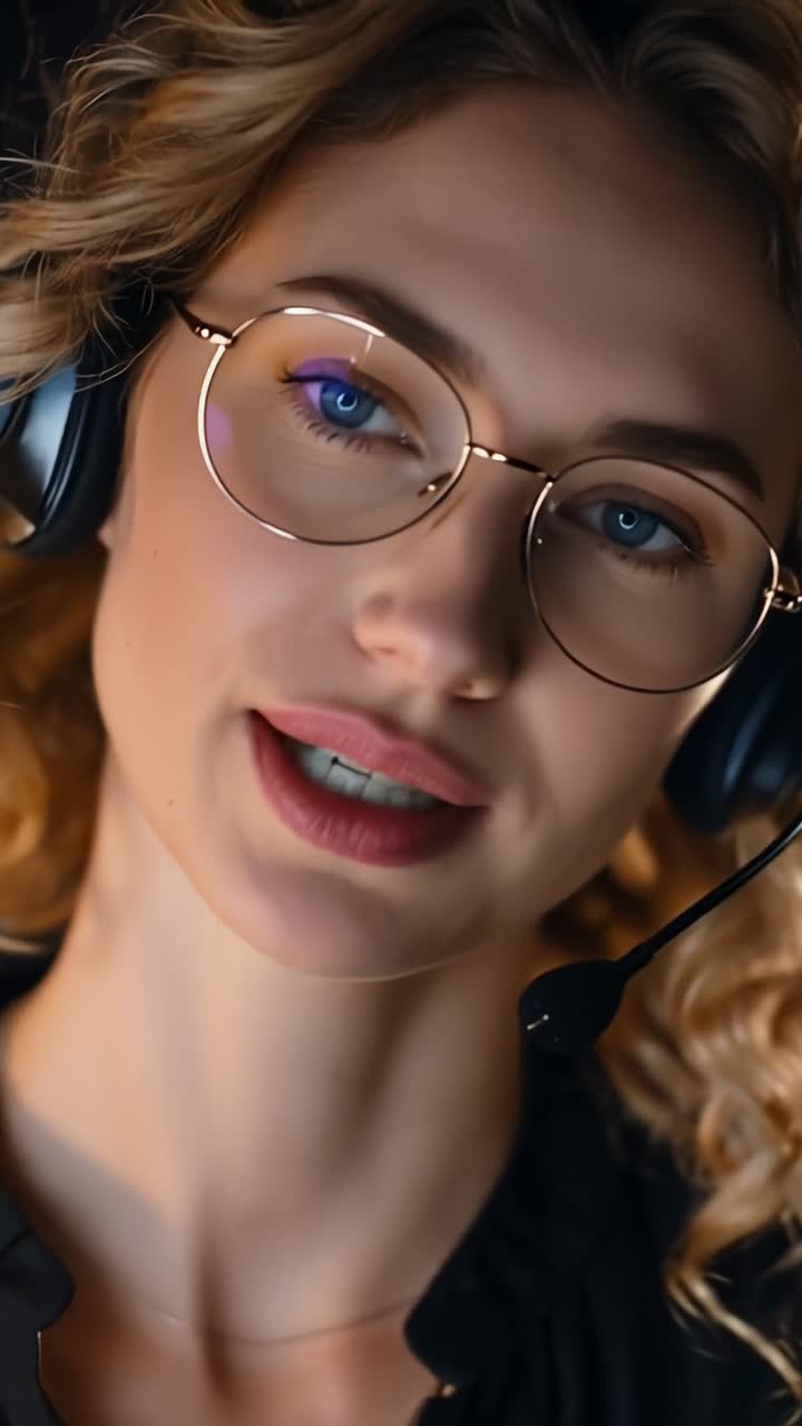 Warm light glows softly around her eyes. She wears gold-rimmed glasses and a headset. Her expression shows calm focus and friendly attentiveness. Perfect for customer service or virtual support scenes