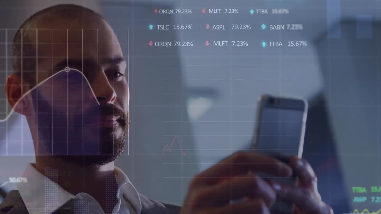 Animation of financial data and graphs over happy biracial businessman using smartphone