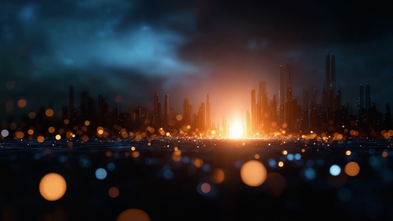 Uma vista impressionante do horizonte de uma cidade futurista iluminada por uma explosão vibrante de luz, capturando a essência da tecnologia avançada e da vida urbana