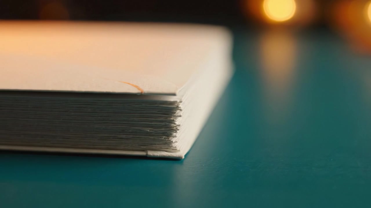 Close-up View of a Stack of Blank Papers on a Colorful Surface with Soft Orange Glows in the Background, Highlighting the Texture and Edges of the Pages