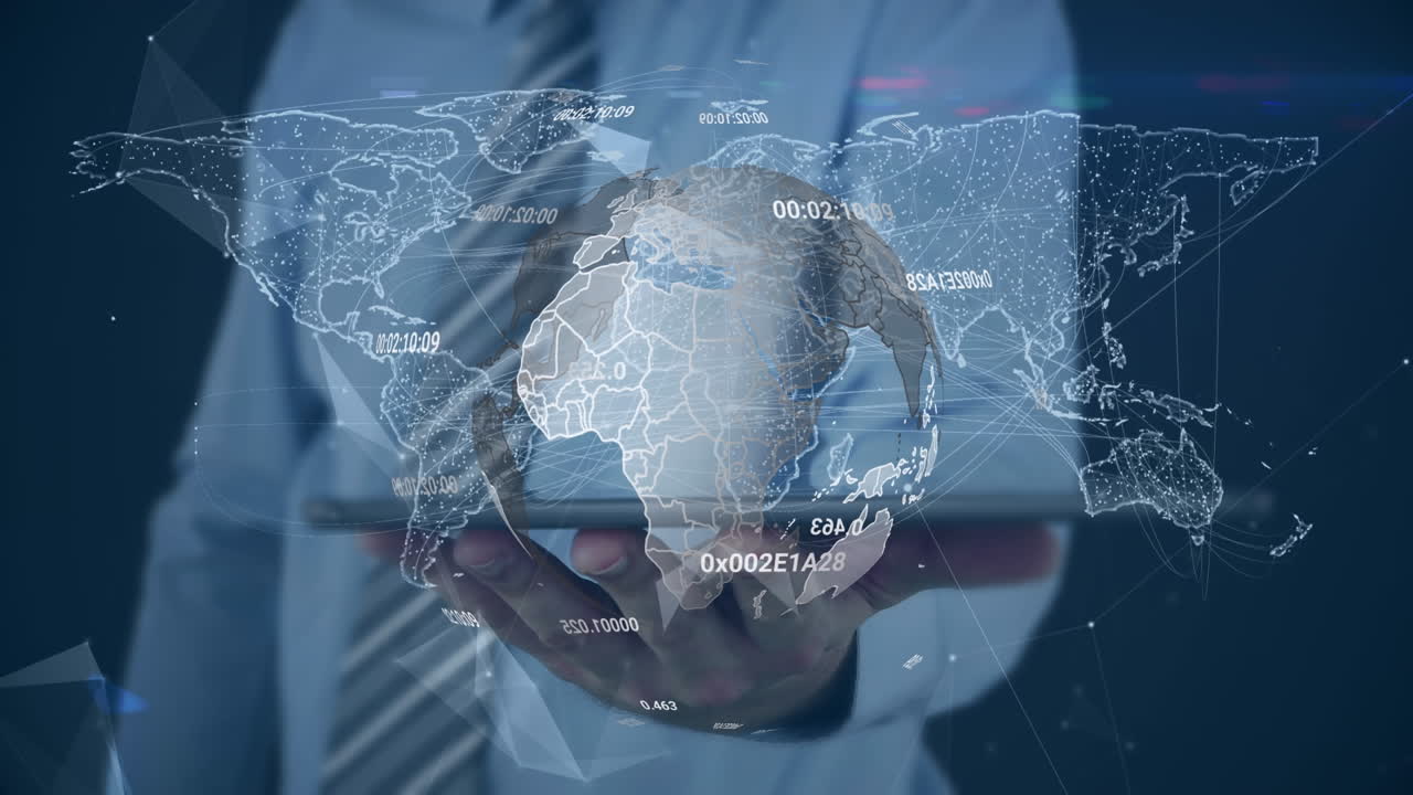 데이터 처리 및 세계 지도와 함께 지구상의 애니메이션: 태블릿을 사용하는 백인 사업가