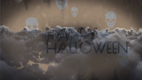 animation of clouds and skulls over happy halloween text