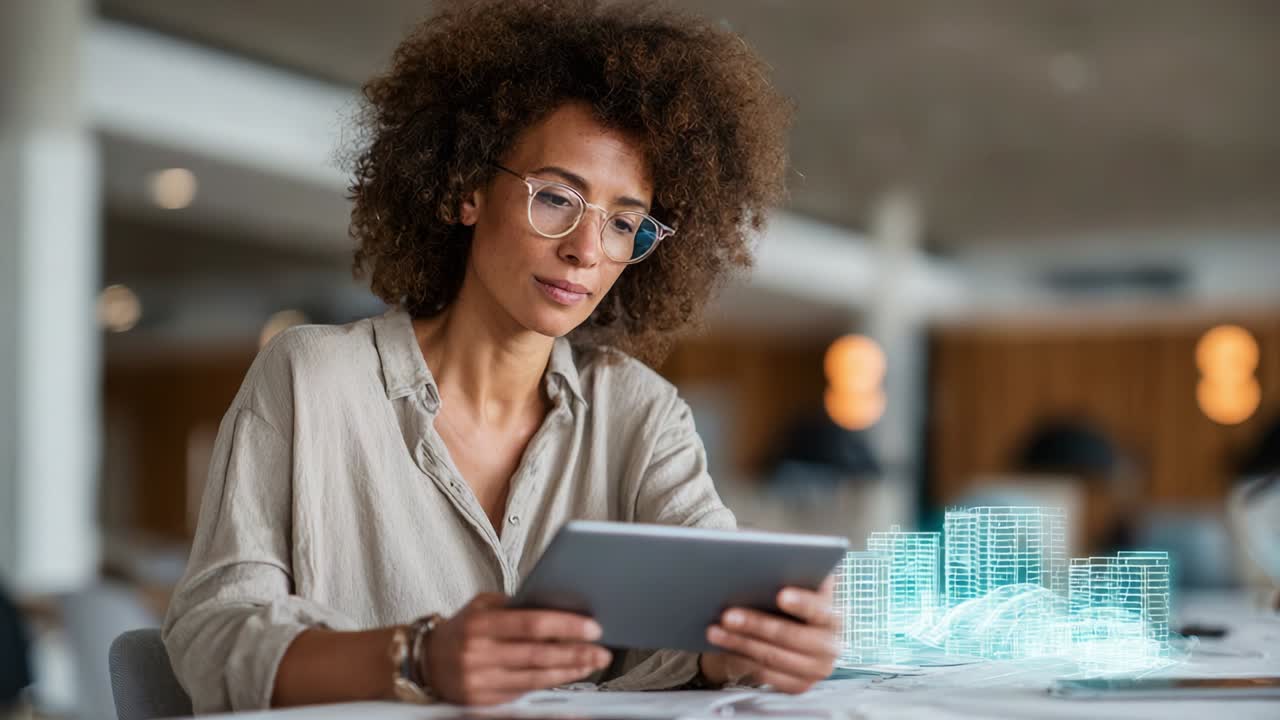 Modern Innovation: A Young Woman Engaged in Technology while Interacting with a Tablet Displaying 3D Renderings of Building Concepts in an Elegant Workspace Environment
