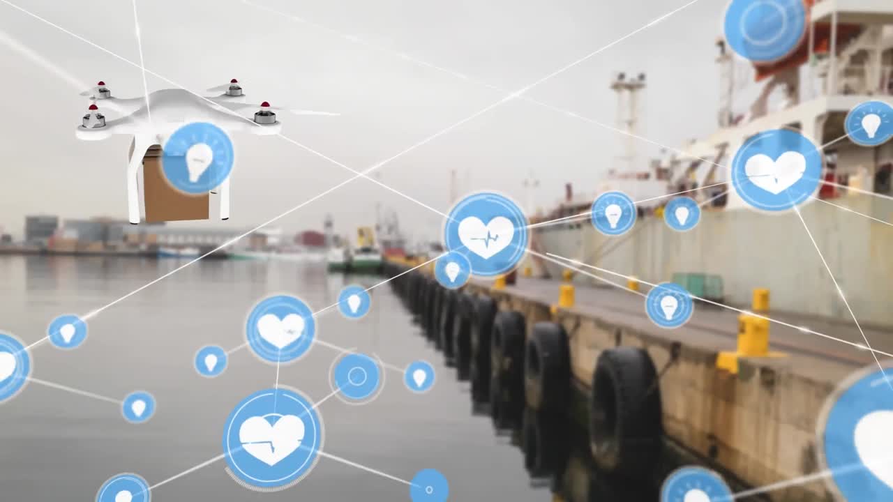 패키지와 함께 배달 드론을 통해 아이콘과 연결 네트워크의 애니메이션