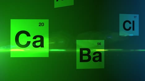 green chemical elements from the periodic table floating by on a black background