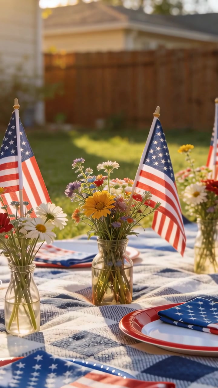 Vertical video: Panning camera over backyard table, showing mason jar blooms and American flags