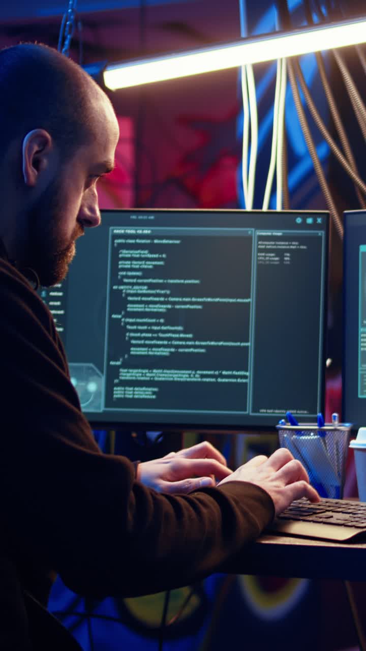 Vertical video Hacker in hidden HQ building scripts that can hack devices, dolly in shot