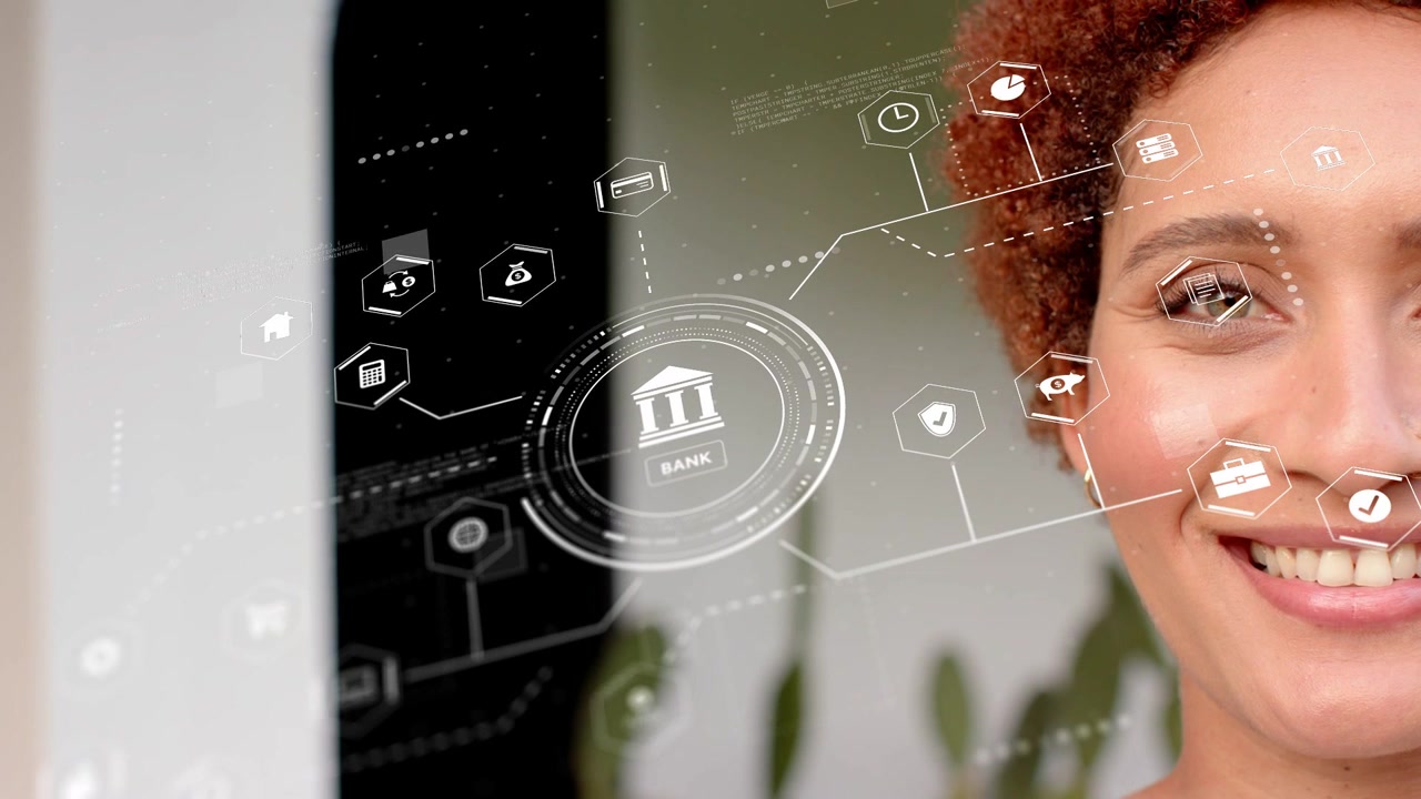 Woman reacting from neutral to laughing as bank HUD appearing left face with hex nodes animating
