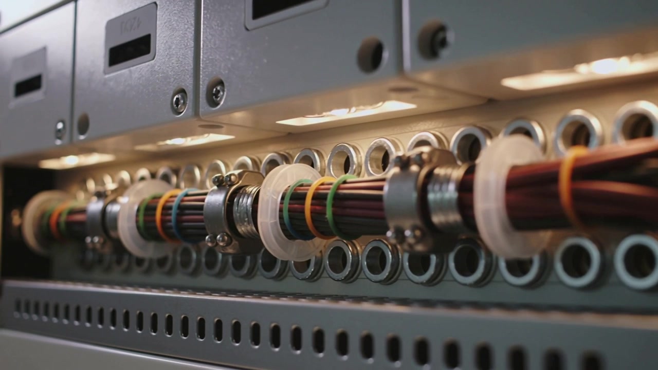 Camera repositioning shifting laterally, revealing cable bundle with grommets and clamps in rack
