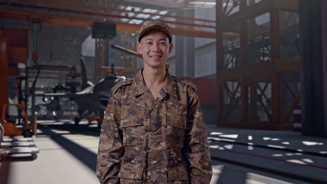 Usmívající se asijský voják v maskáčové uniformě stojící v hangáru