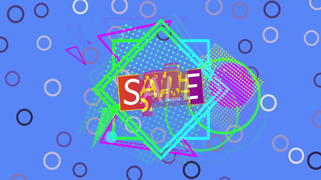 파란색 배경에 레트로 진동하는 사각형과 원에 판매 텍스트의 애니메이션