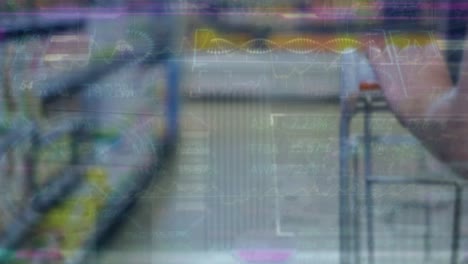 animación del procesamiento de datos financieros sobre el hombre con el carrito de compras.