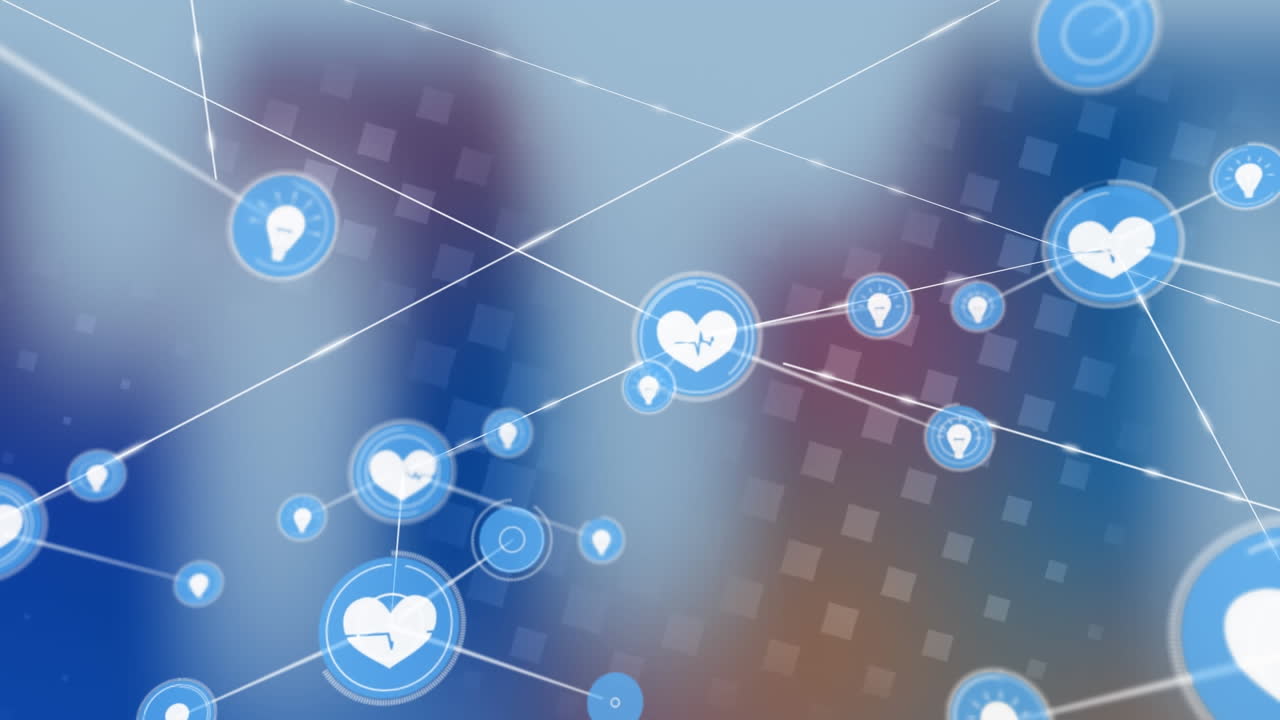 반 ⁇ 이는 그라디엔트 사각형 모양 패턴 디자인에 대한 디지털 아이콘 네트워크의 애니메이션