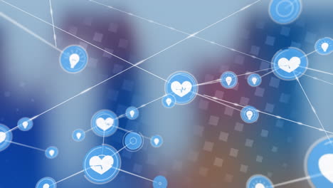animación de una red de iconos digitales contra el diseño de patrones de forma cuadrada de gradiente brillante