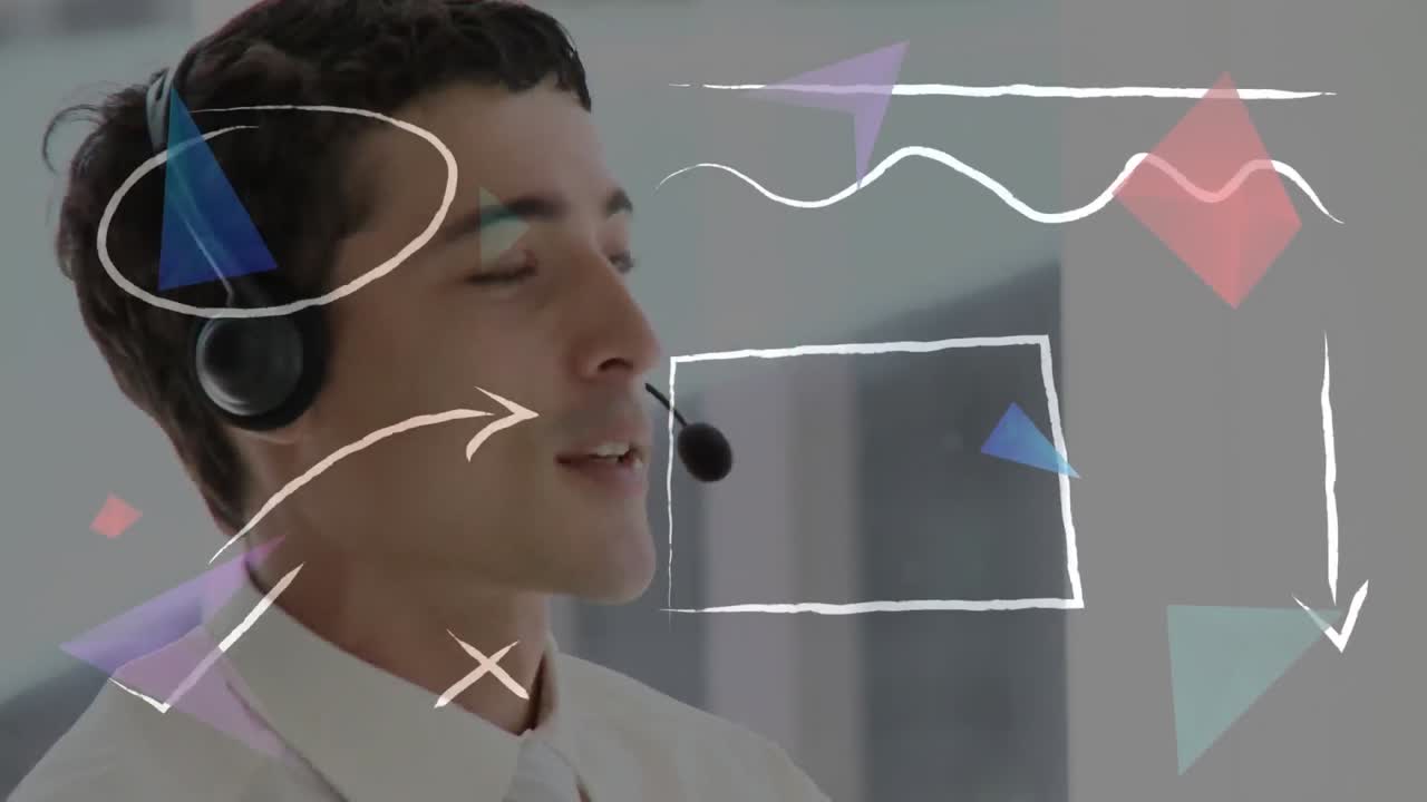 animación de formas sobre hombre de negocios con auriculares en la oficina