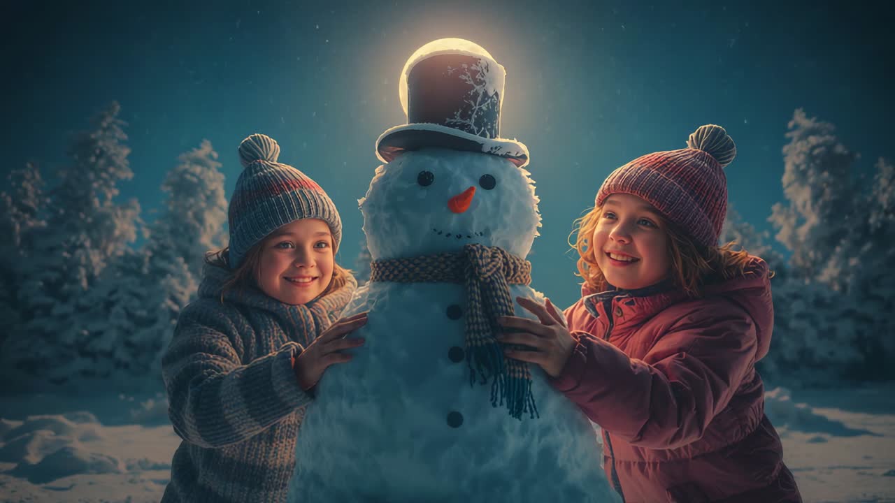 Entering clearing sisters building, decorating snowman with stones carrot scarf hat under moonlight