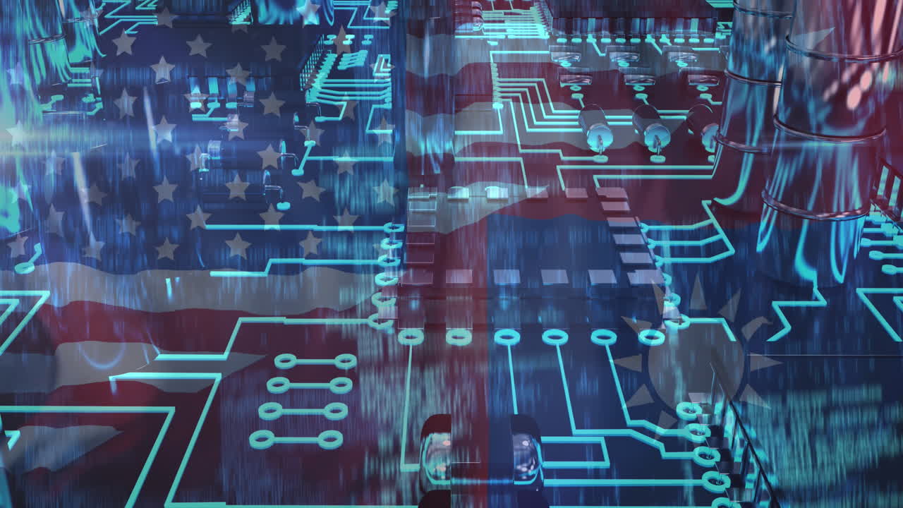 Animation of padlock and data processing over flag of taiwan and united states of america