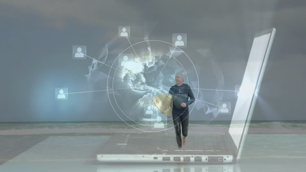 Man running on beach with digital network connections over laptop animation