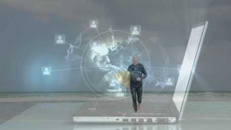 man running on beach with digital network connections over laptop animation