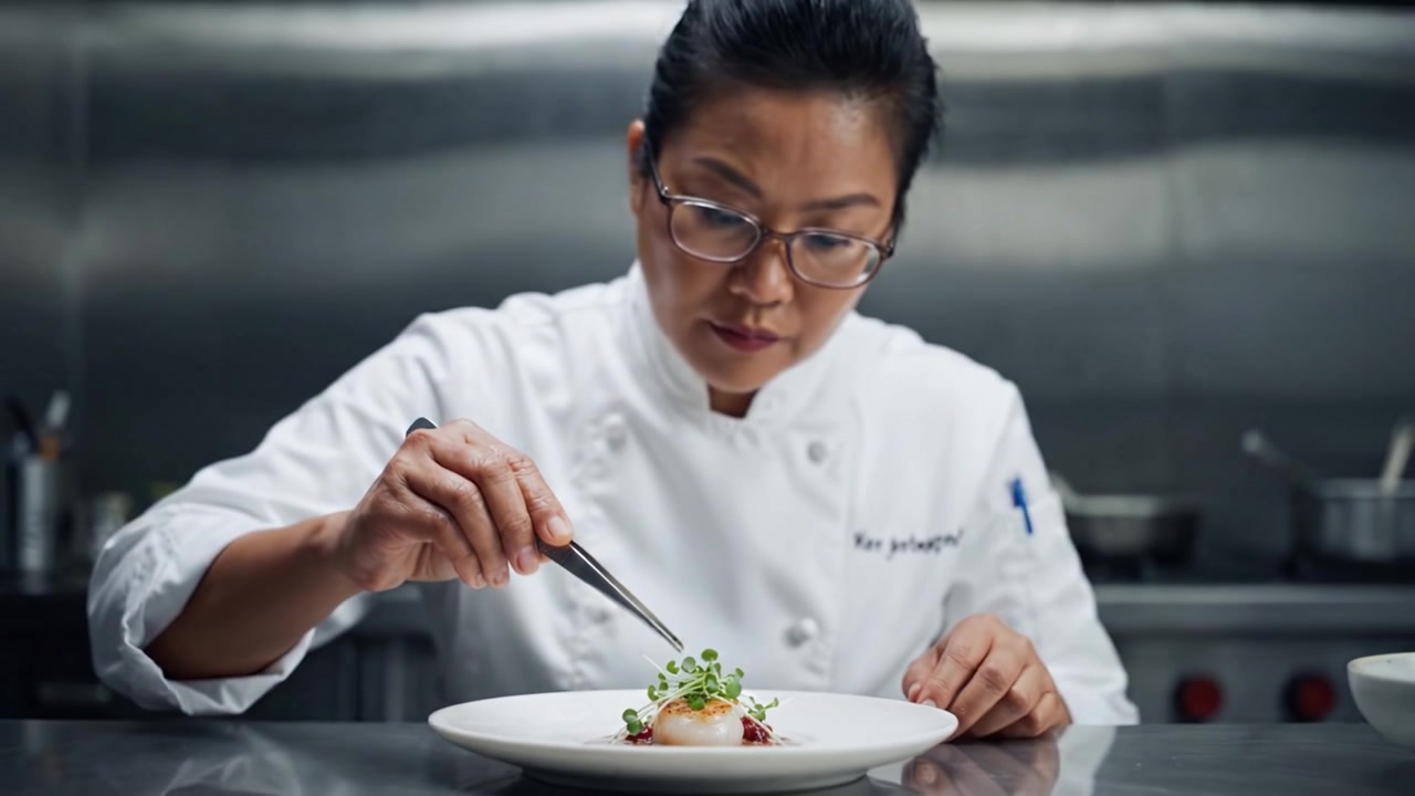 A skilled chef meticulously garnishes a beautifully plated dish with fresh microgreens, showcasing the art of culinary presentation in a professional kitchen environment.