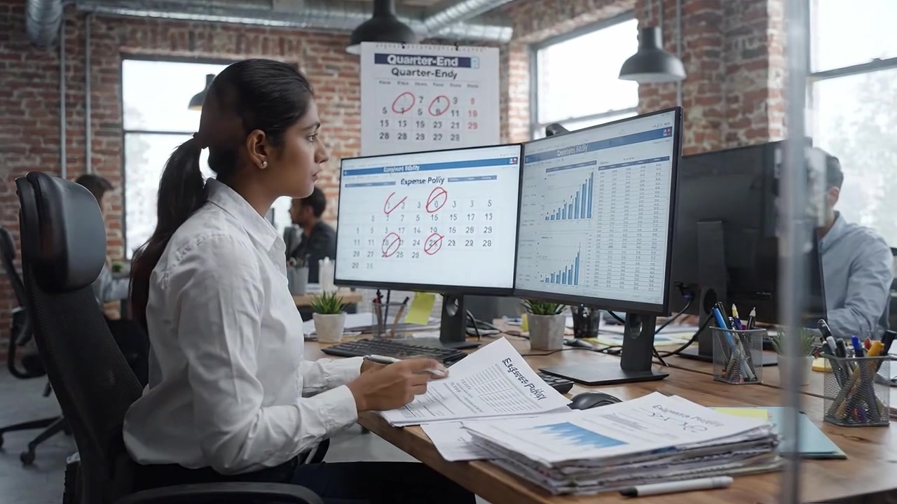 Profesional Wanita Fokus Menganalisis Data Keuangan di Kantor Modern Saat Tinjauan Akhir Kuartal: Bagan, Grafik, dan Laporan Terperinci Menunjukkan Hasil Analisis.