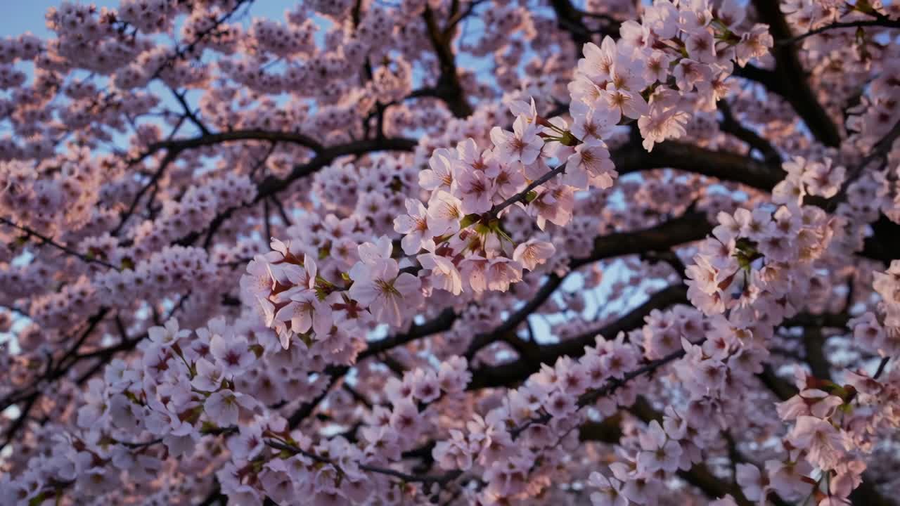 Il video dal basso cattura fiori di ciliegio illuminati dal sole in piena fioritura, creando una primavera serena e vibrante.