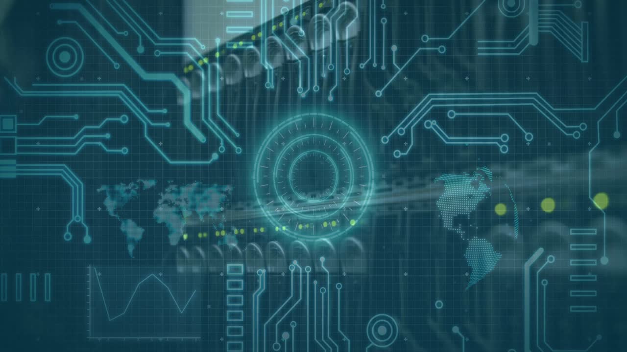 Animation of scope scanning, world map and computer elements over computer server