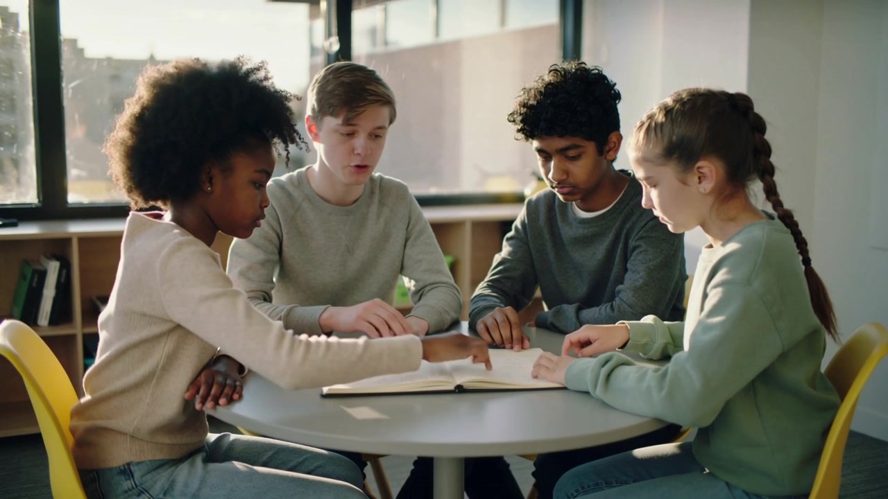 En pige rækker ud til venstre, mens fire elever læner sig ved et skolebord nær vinduet og bladrer i bøger for at studere.