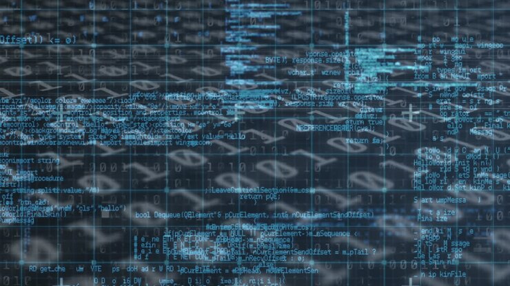 Digital animation of data processing against binary coding data processing on black background