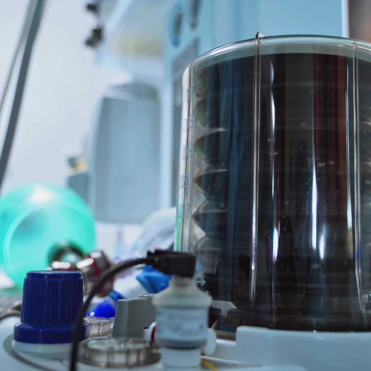 Modern medical device for artificial lung ventilation. Anaesthesia machine ventilator to support patient's life in the operating room. Close-up.